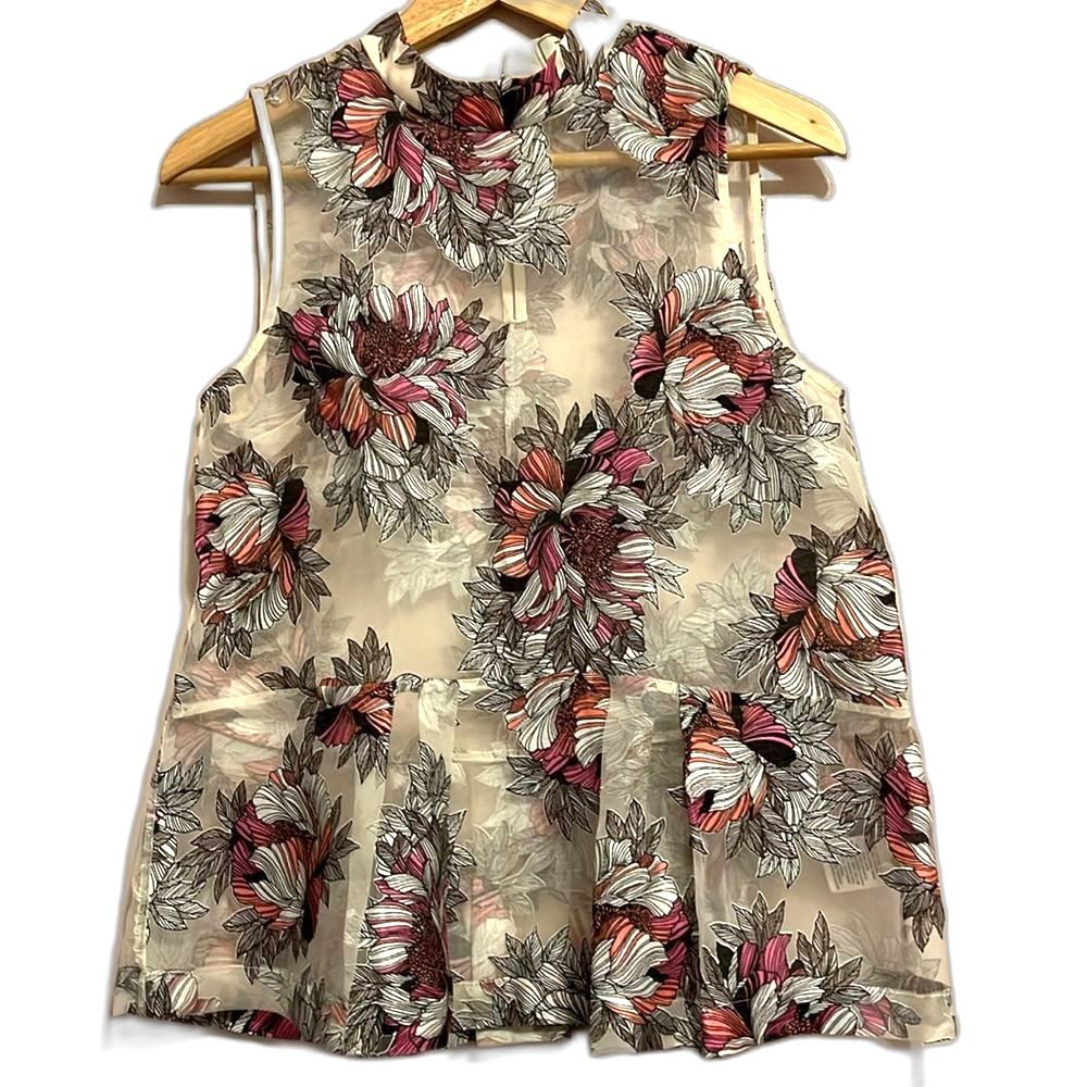 Anthropologie Moulinette Soeurs Terrace Blush Floral Sheer Peplum Top Cream Sz 2